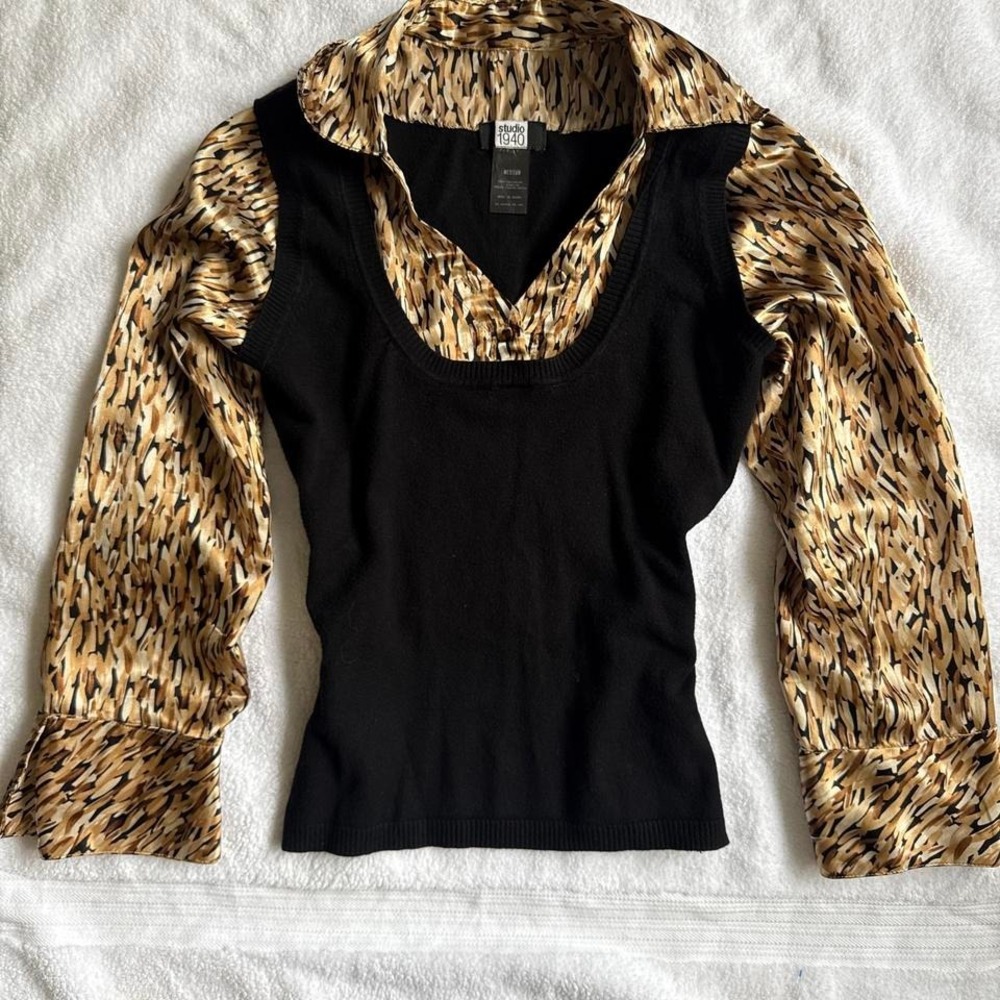 nyc y2k leopard print long sleeve top with black scoop neck